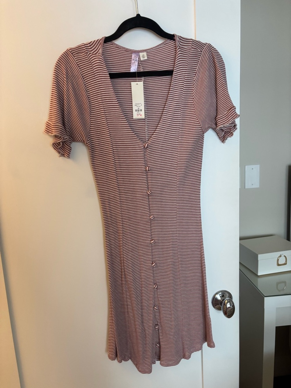 Red and white Stripe Button-Front V-Neck Dress NWT
